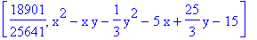 [18901/25641, x^2-x*y-1/3*y^2-5*x+25/3*y-15]